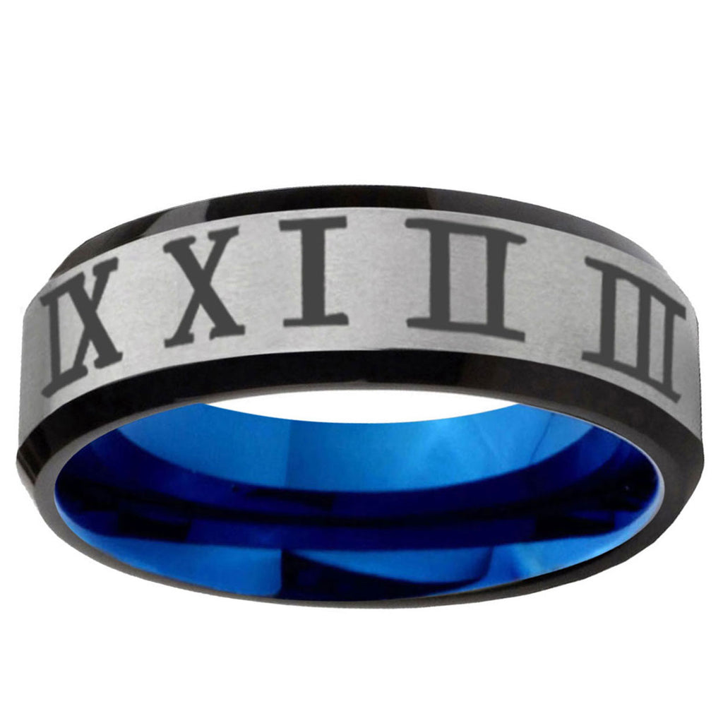 6MM Roman Numeral Beveled Blue Gray Tungsten Custom Ring