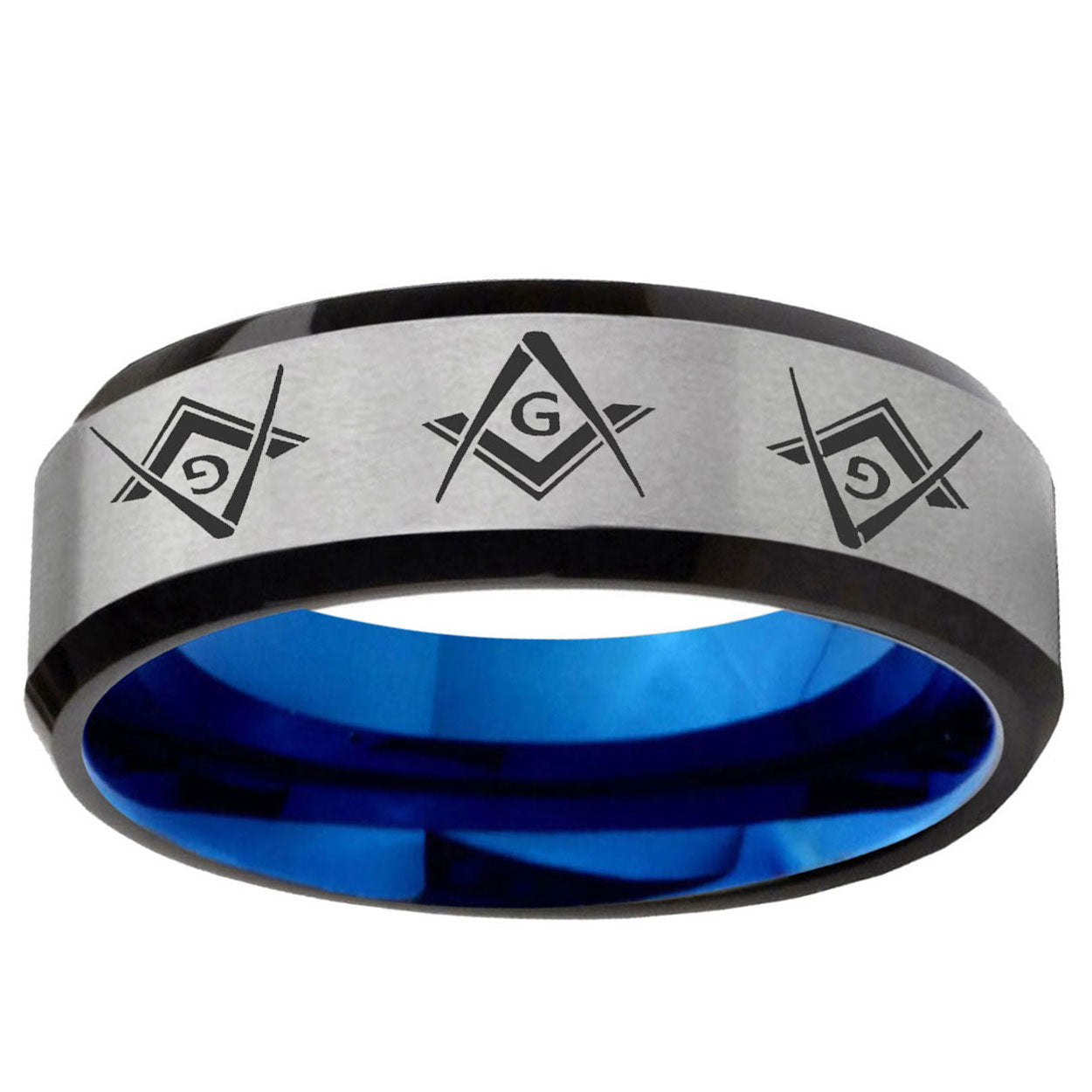 6MM Master Mason Masonic Beveled Blue Gray Tungsten Ring For Man