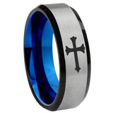 8mm Christian Cross Beveled Blue And Gray Tungsten Men's Engagement Ring