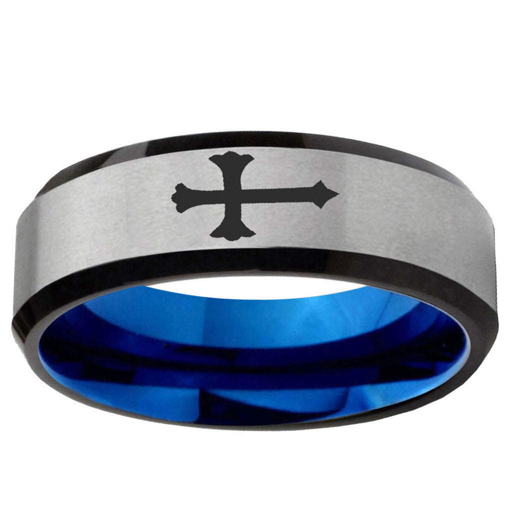 6MM Christian Cross Beveled Blue Gray Tungsten Promise Ring For Men
