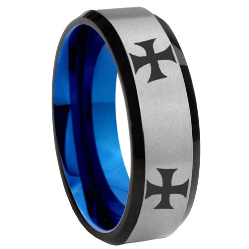 8MM 4 Maltese Cross Beveled  Blue Gray Tungsten Ring