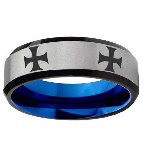6MM 4 Maltese Cross Beveled  Blue Gray Tungsten Ring