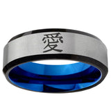 6mm Kanji Love Beveled Edge Blue And Gray Tungsten Men Wedding Band
