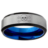 6mm Skull Beveled Edge Blue And Gray Tungsten Ring