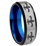 8mm Multiple Fleur-De-Lis Beveled Blue And Gray Tungsten Men Band Ring