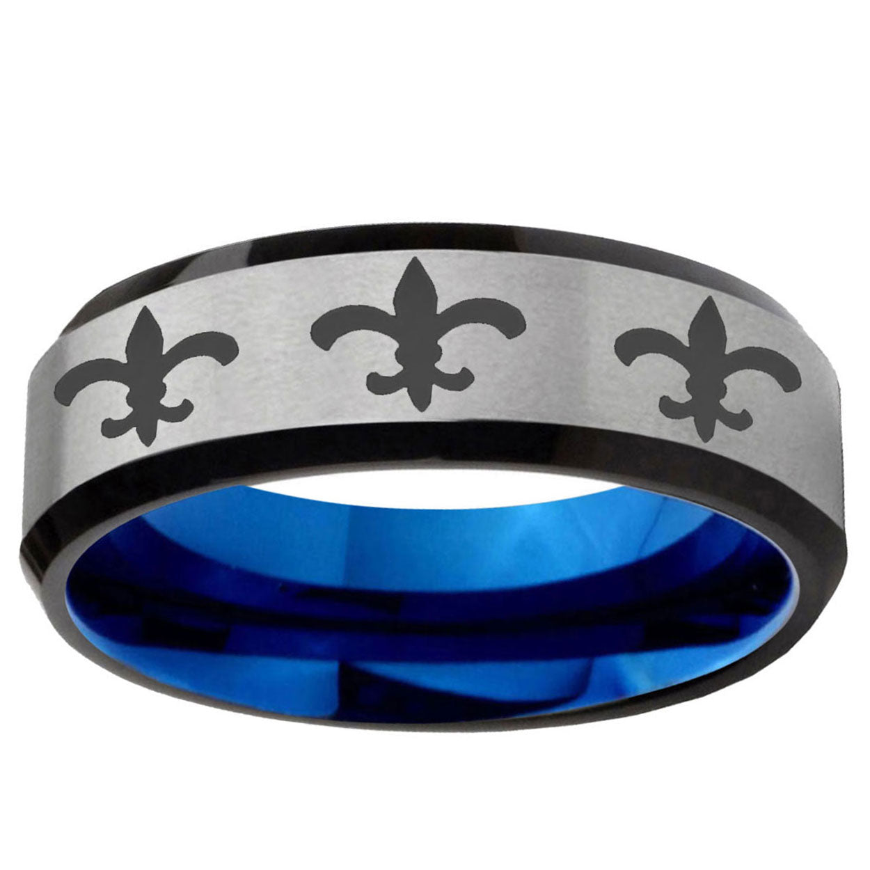 6MM Multiple Fleur-De-Lis Beveled Blue Gray Tungsten Custom Ring