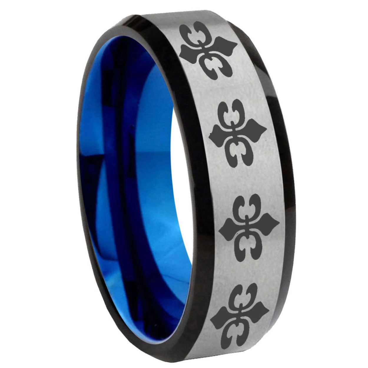8MM Multiple Fleur Delis Beveled Blue Gray Tungsten Band For Men
