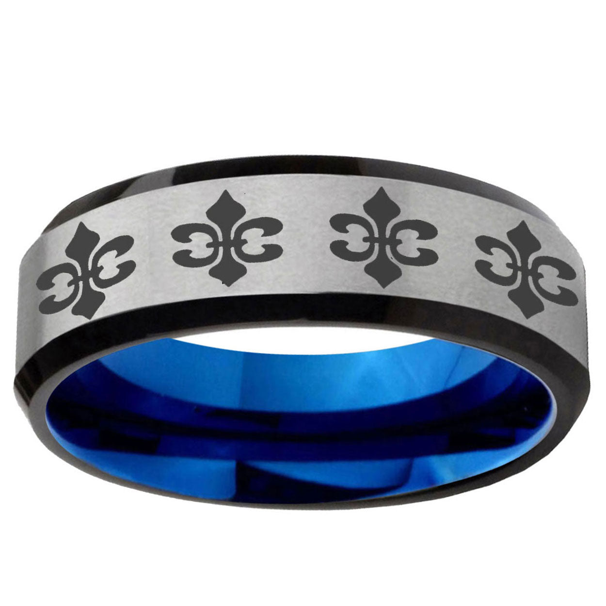 6MM Multiple Fleur Delis Beveled Blue Gray Tungsten Band For Men
