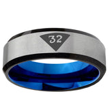 6mm Masonic 32 Triangle Design Freemason Beveled Edge Blue And Gray Tungsten Ring
