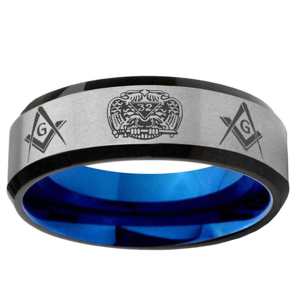 6MM Masonic 32 Design Beveled Blue Gray Tungsten Ring For Men
