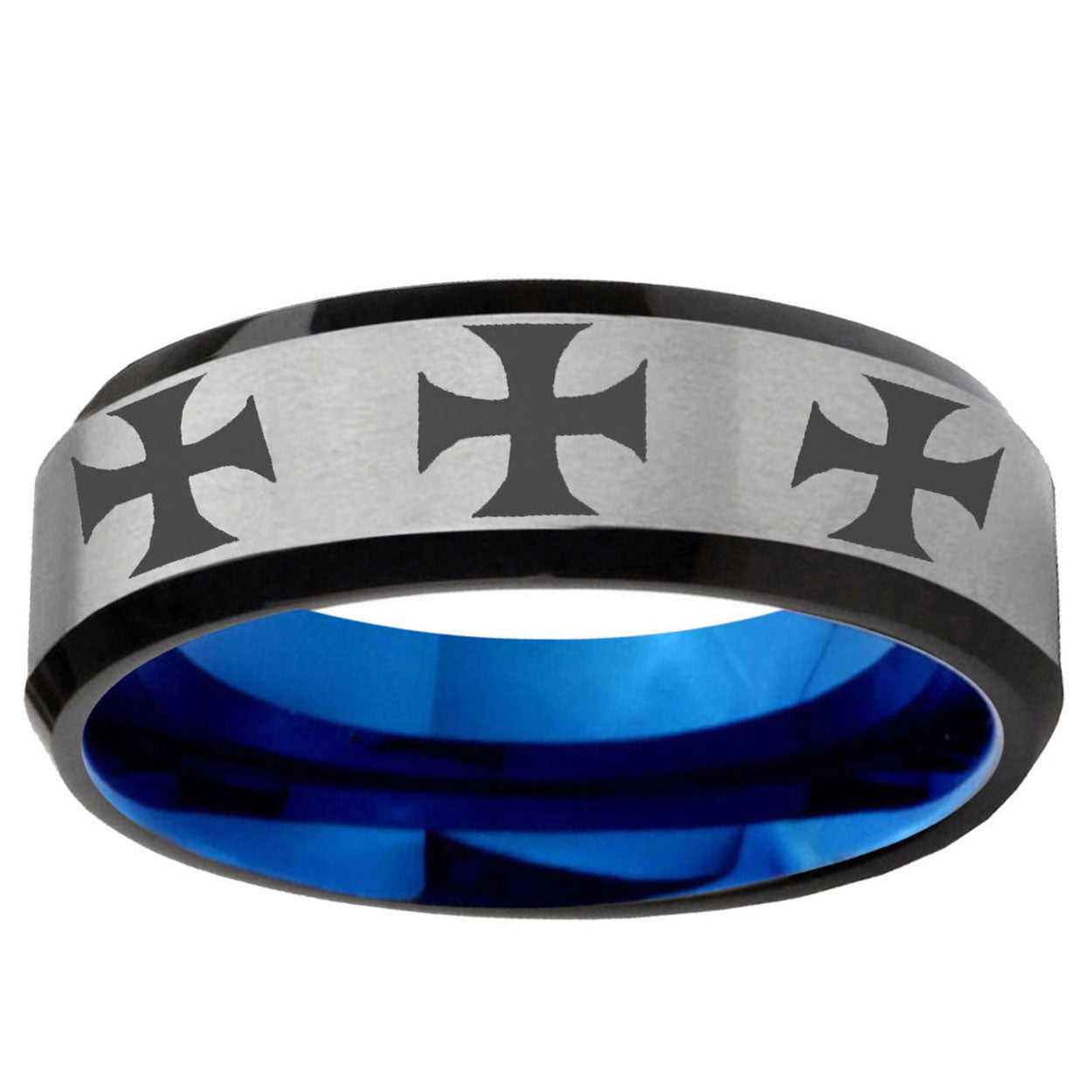 6MM Multiple Maltese Cross Beveled Blue Gray Tungsten Wedding Band