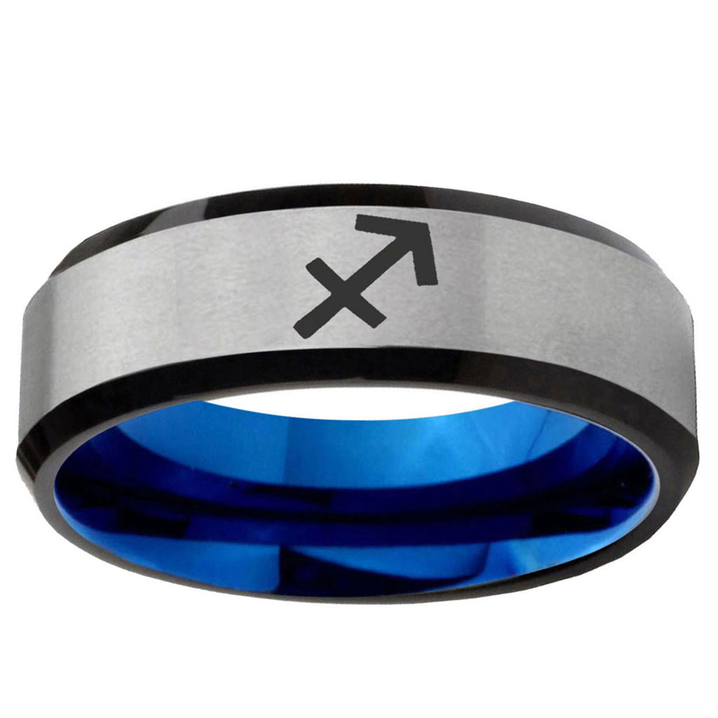 6MM Sagittarius Zodiac Beveled Blue Gray Tungsten Ring For Him