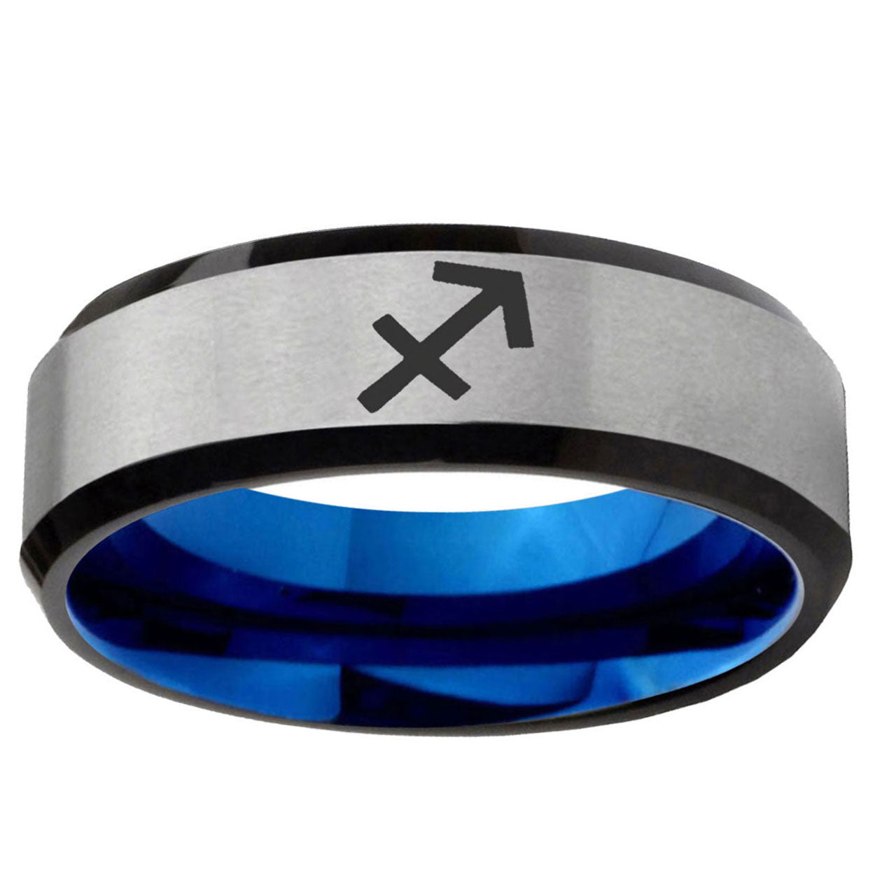 6MM Sagittarius Zodiac Beveled Blue Gray Tungsten Ring For Him