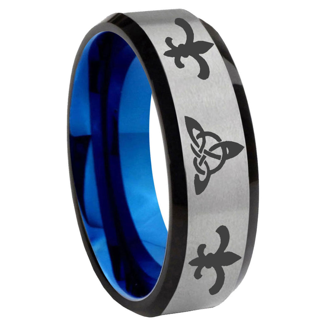 8MM Celtic Triangle Fleur Delis Beveled Blue Gray Tungsten Band