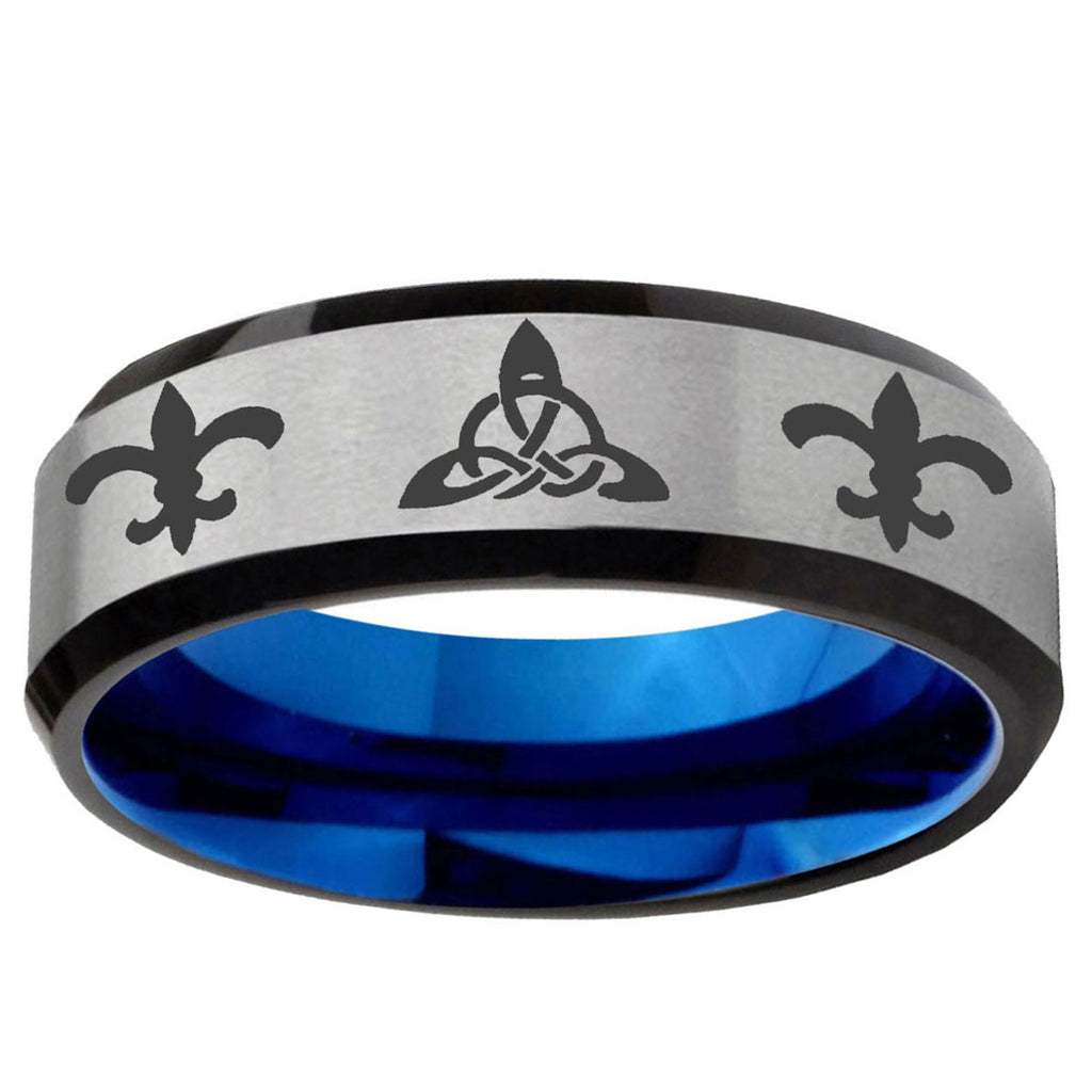 6MM Celtic Triangle Fleur Delis Beveled Blue Gray Tungsten Band