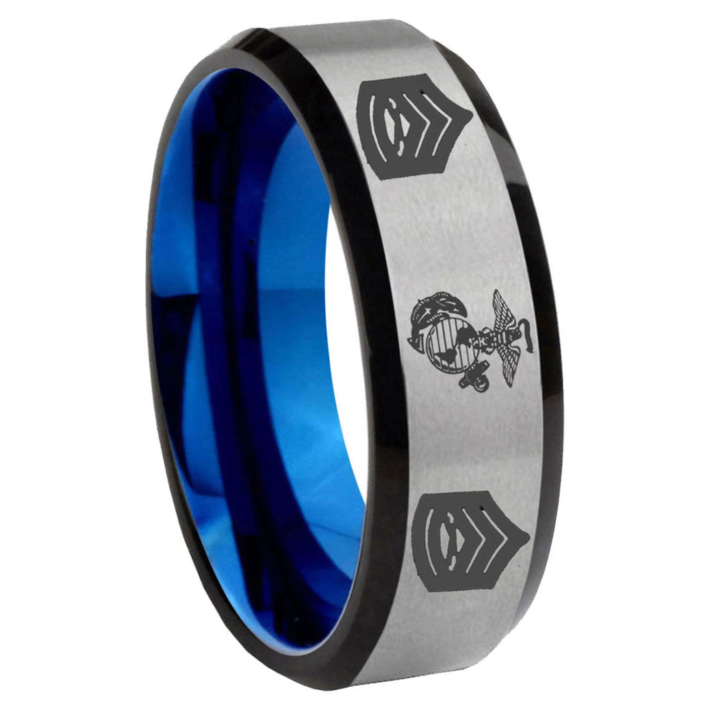 8MM Marine Army Sergeant Beveled Blue Gray Tungsten Wedding Band