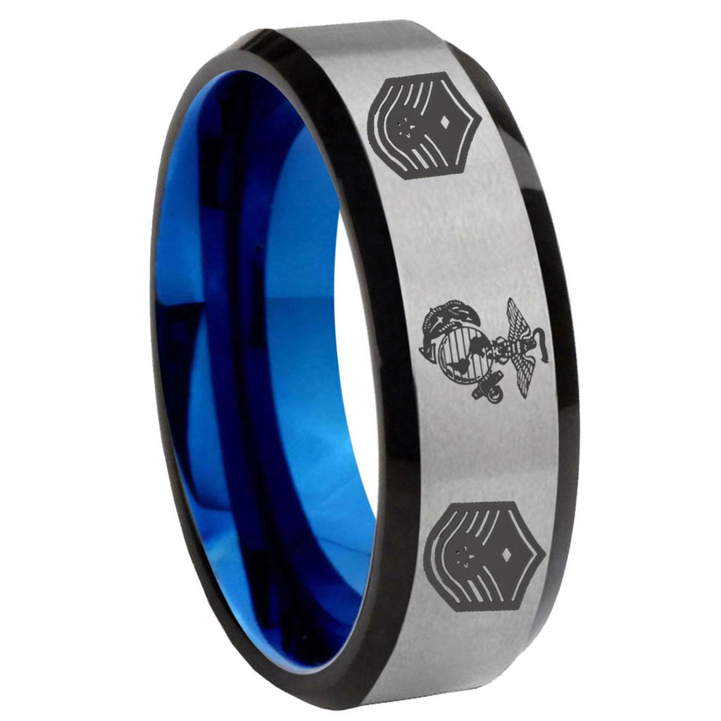 8MM Marine Chief Master Sergeant Beveled Blue Gray Tungsten Ring