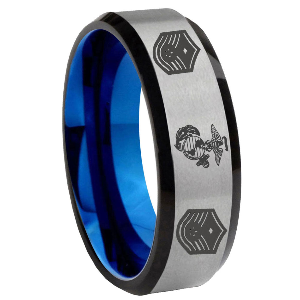 8MM Marine Chief Master Sergeant Beveled Blue Gray Tungsten Ring