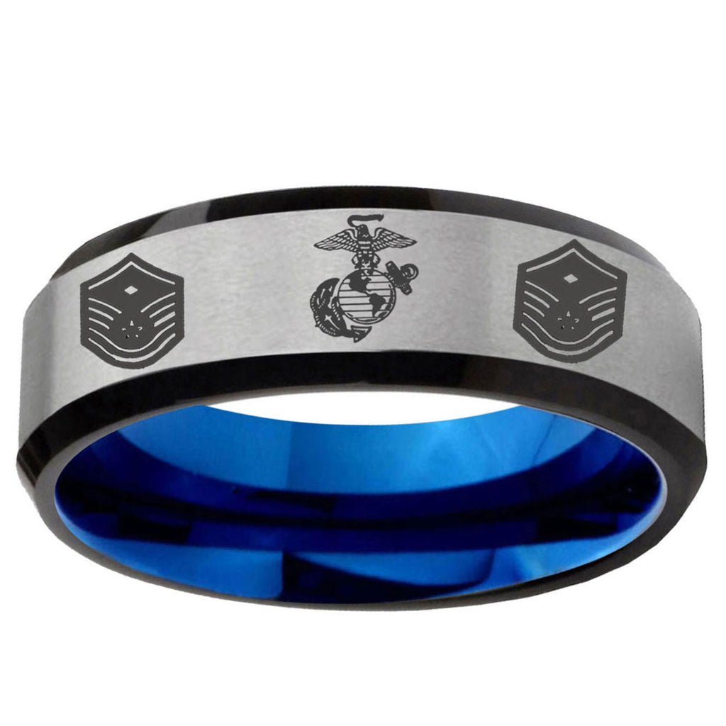 6MM Marine Chief Master Sergeant Beveled Blue Gray Tungsten Ring