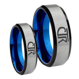 His Hers CTR Design Bevel Tungsten Gray Blue Engagement Ring Set