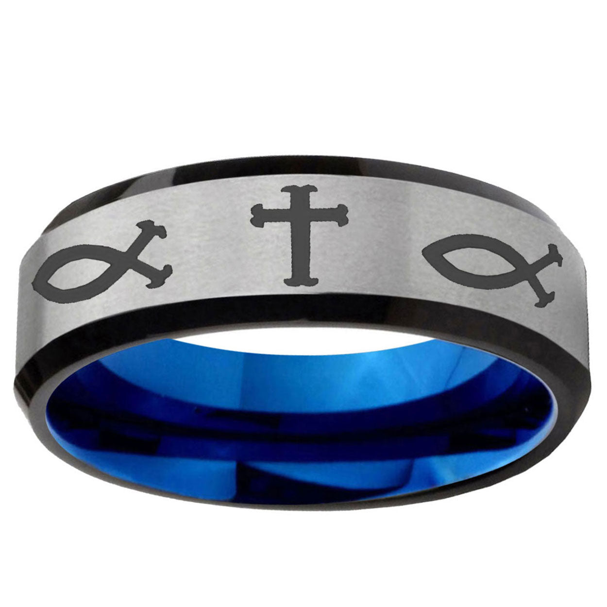 6MM Fish And Cross Beveled Blue Gray Tungsten Mens Engagement Ring