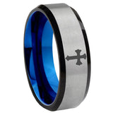 8mm Flat Christian Cross Beveled Blue And Gray Tungsten Men's Wedding Ring