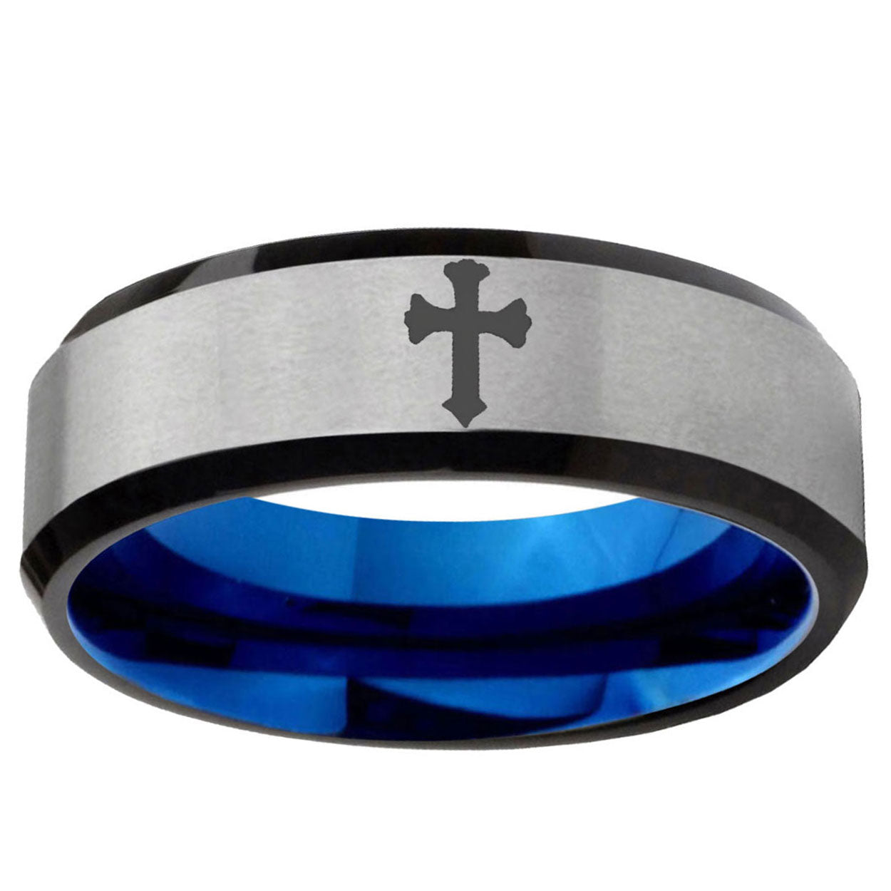 6MM Flat Christian Cross Beveled Blue Gray Tungsten Rings