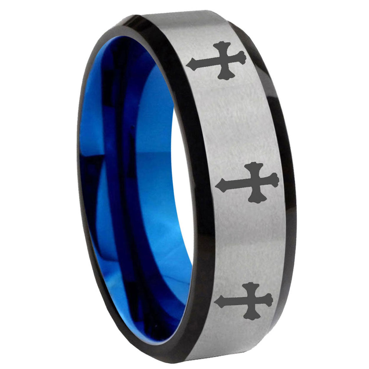8MM Multiple Christian Cross Beveled Blue Gray Tungsten Mens Ring