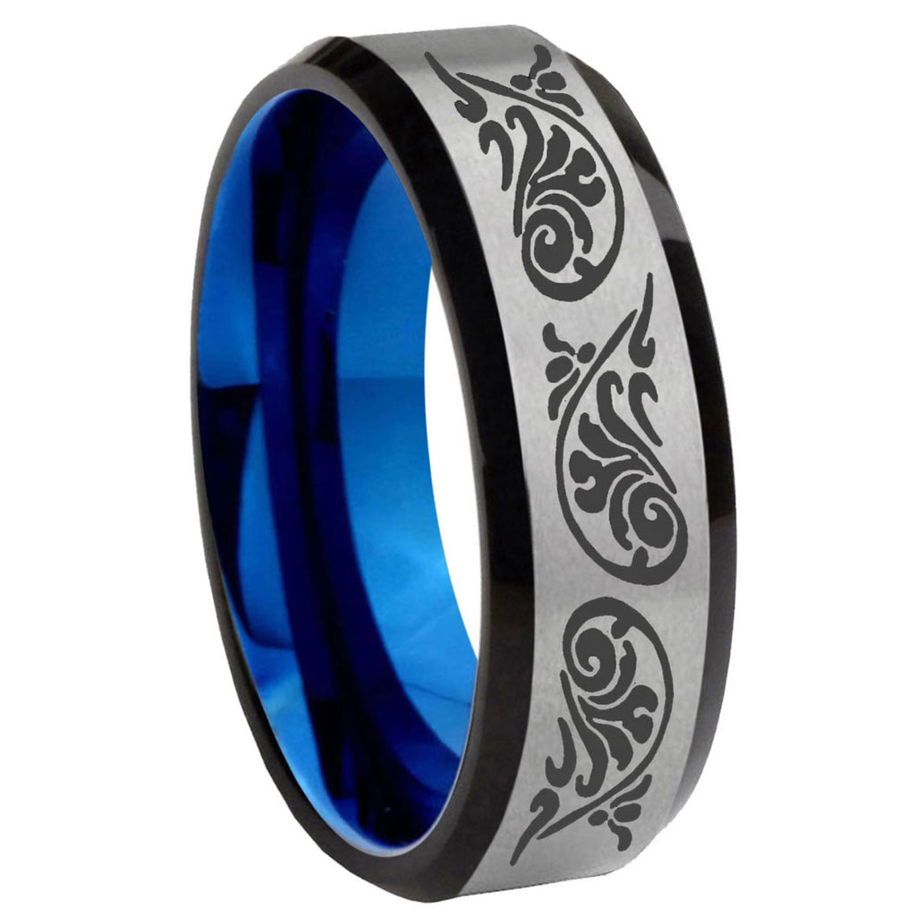 8MM Etched Tribal Pattern Beveled Blue Gray Tungsten Promise Ring