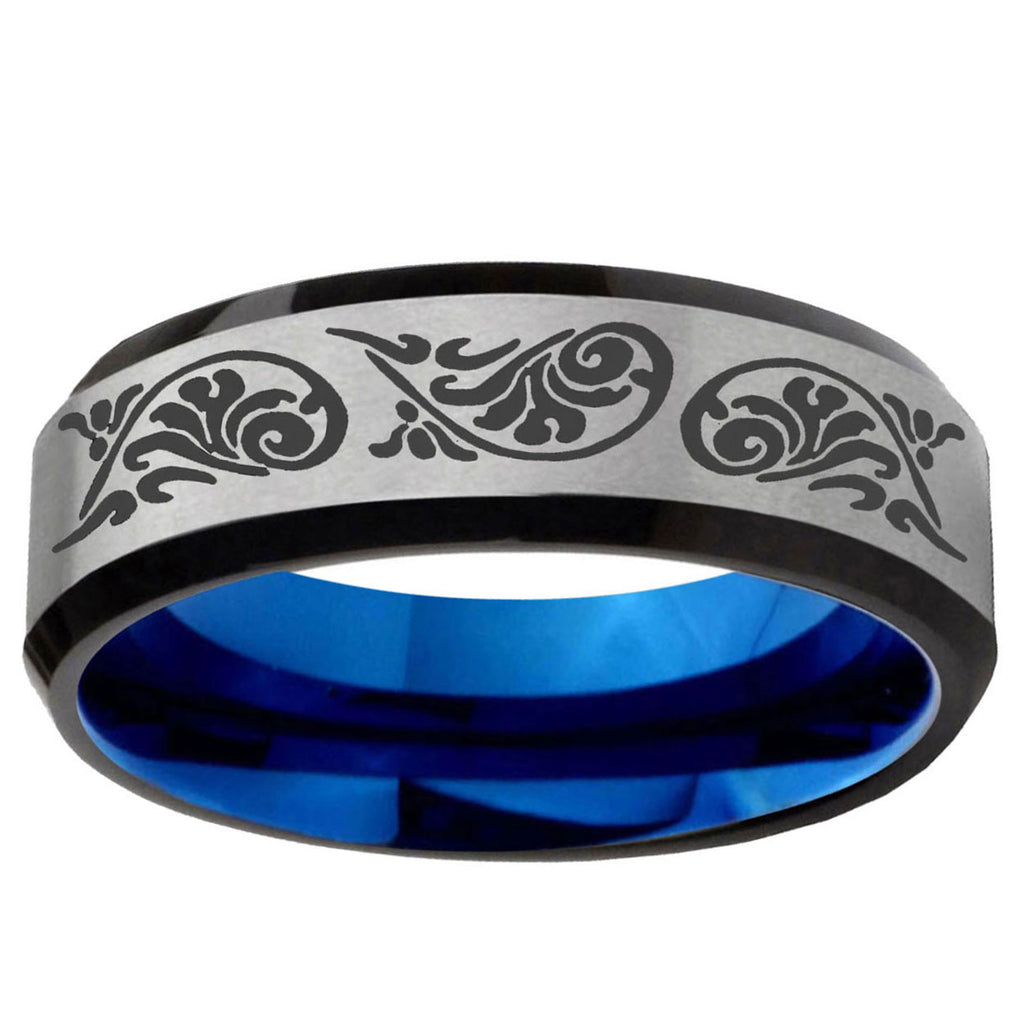 6MM Etched Tribal Pattern Beveled Blue Gray Tungsten Promise Ring