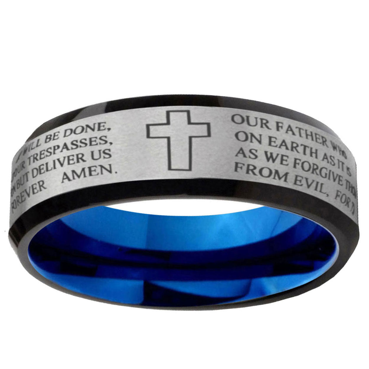 6MM Etched Lord's Prayer Beveled Blue Gray Tungsten Custom Ring