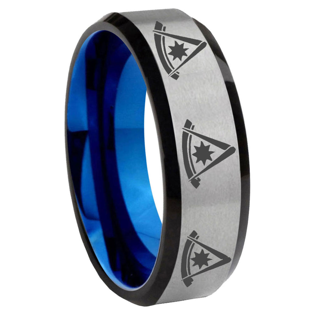 8MM Multiple Pester Master Beveled Blue Gray Tungsten Band For Men