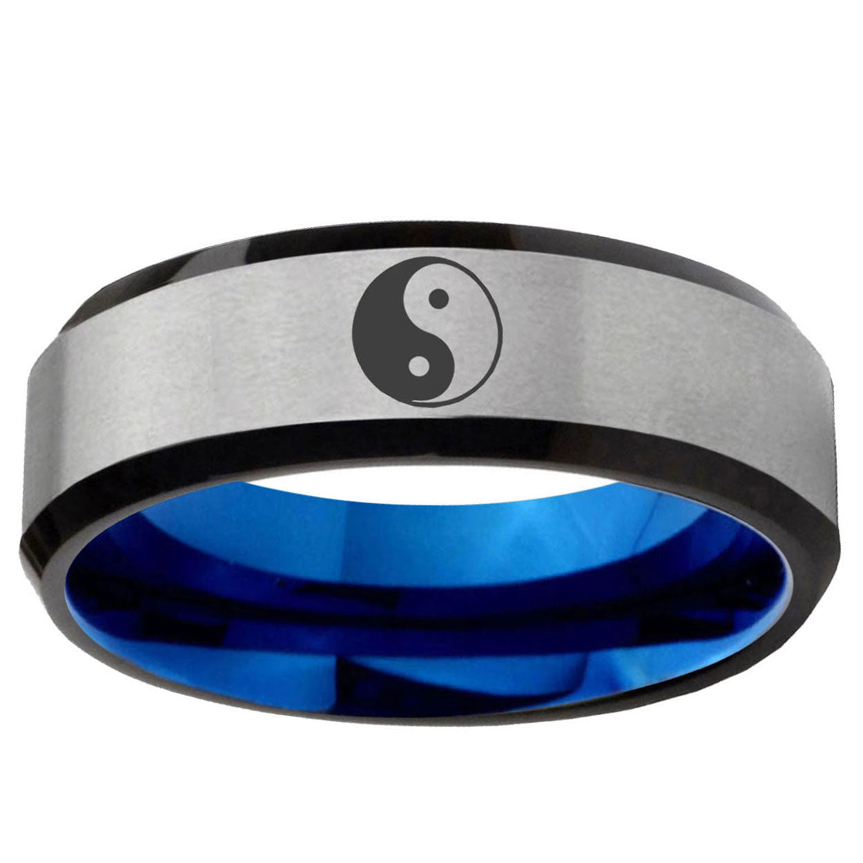 6MM Yin Yang Beveled Blue Gray Tungsten Man Wedding Band