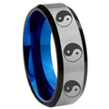 8MM Multiple Yin Yang Beveled Blue Gray Tungsten Ring Men