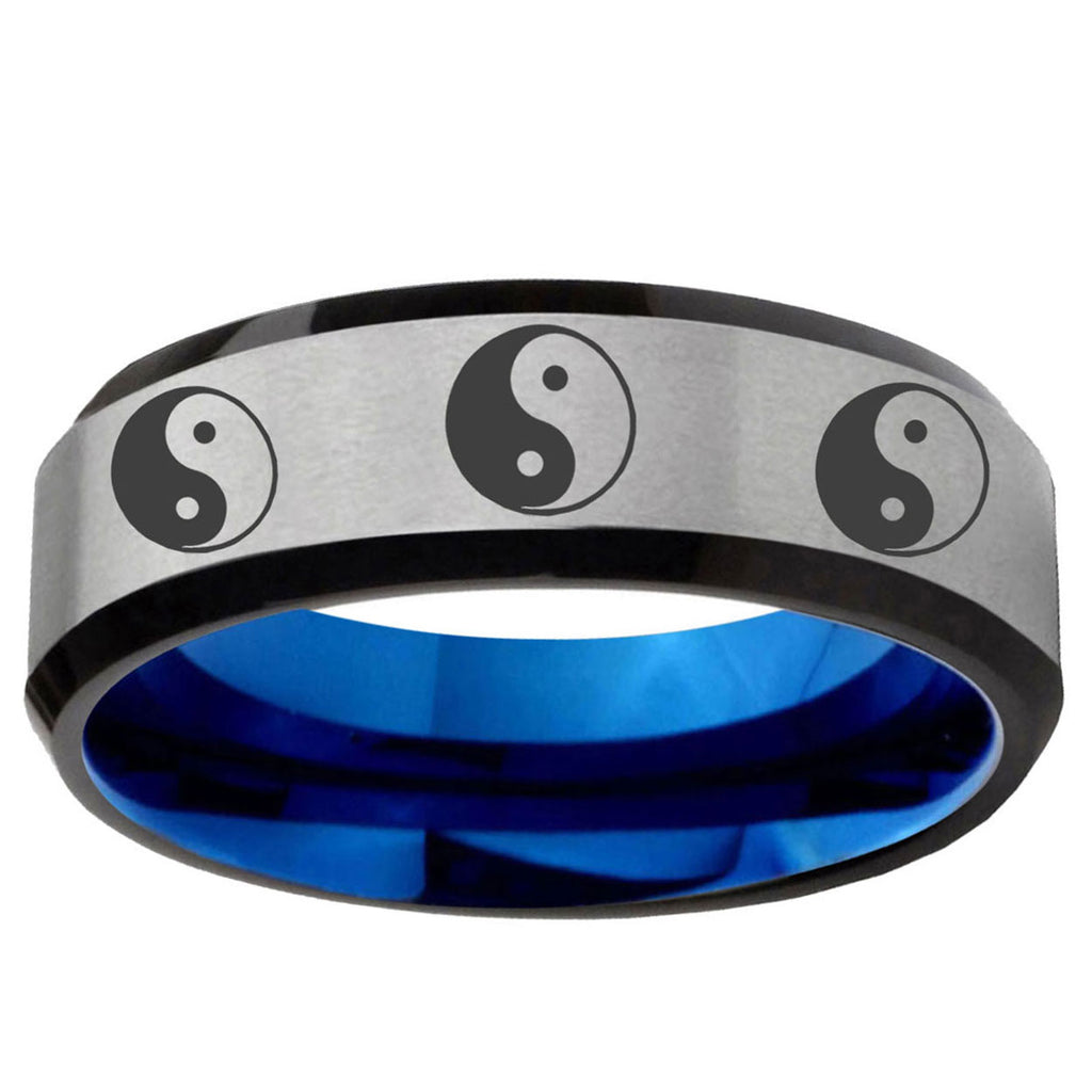 6MM Multiple Yin Yang Beveled Blue Gray Tungsten Ring Men