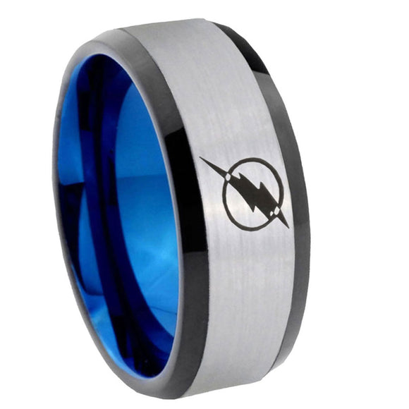 8mm Flash Beveled Edge Blue Silver Men's Rings Fashion