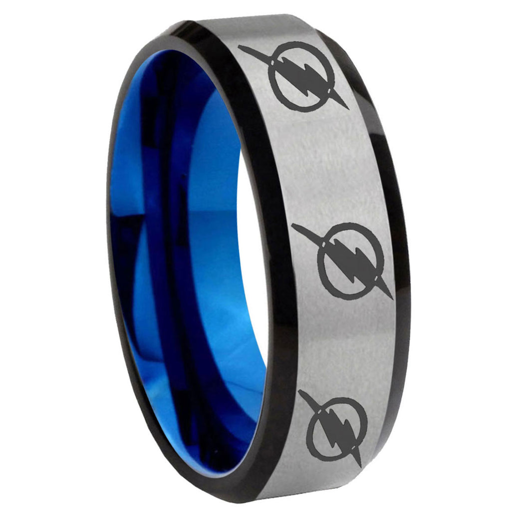 8MM Multiple Flash Beveled Blue Gray Tungsten Custom Ring