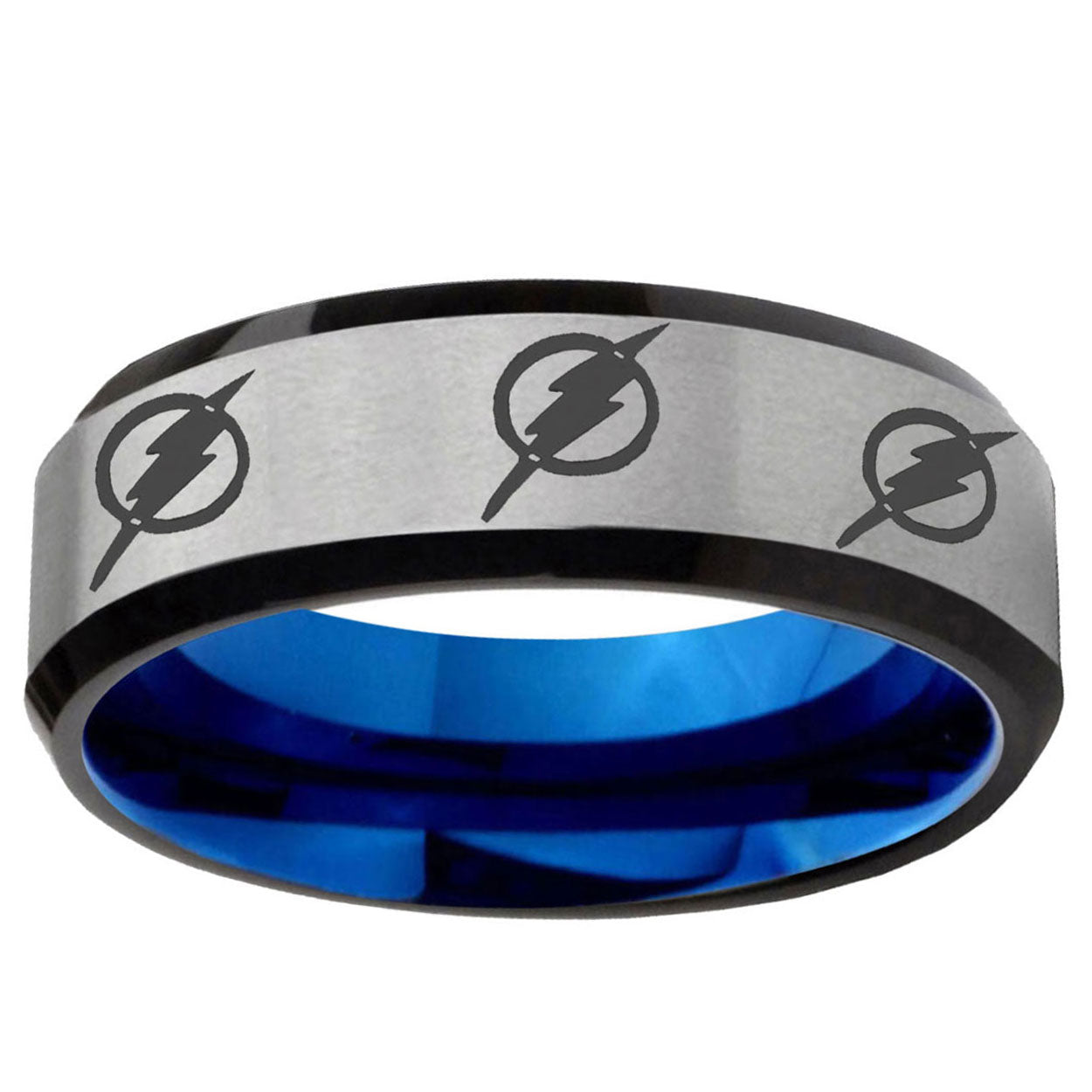 6MM Multiple Flash Beveled Blue Gray Tungsten Custom Ring
