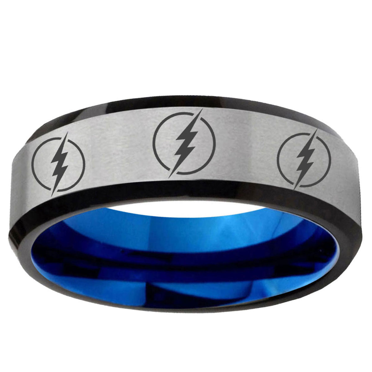 6MM Multiple Flash Beveled Blue Gray Tungsten Custom Ring