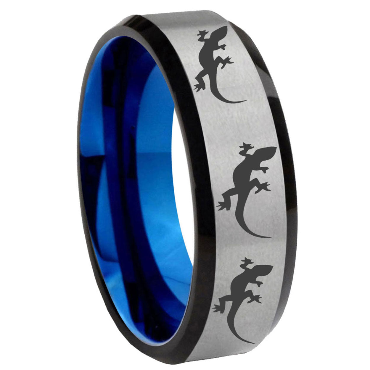 8MM Multiple Lizard Bevel Beveled Blue Gray Tungsten Mens Ring