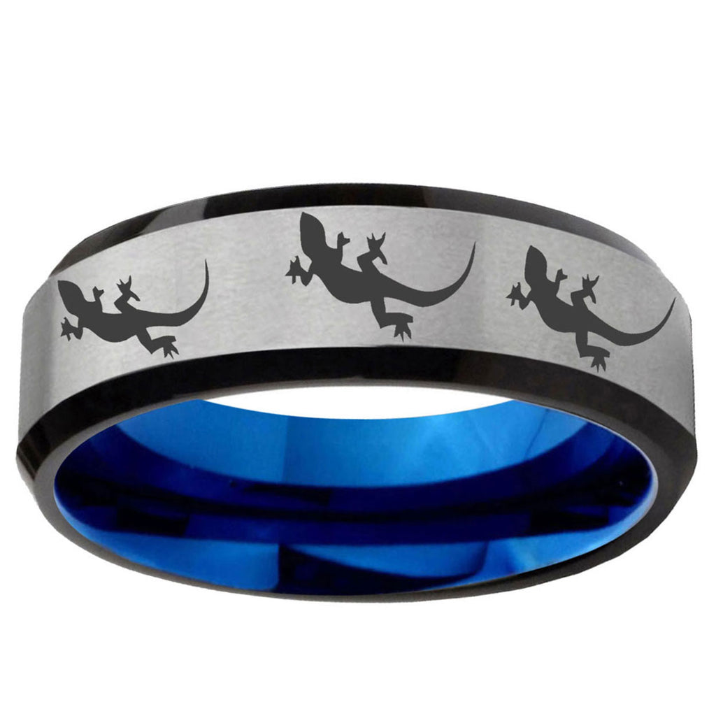 6MM Multiple Lizard Bevel Beveled Blue Gray Tungsten Mens Ring