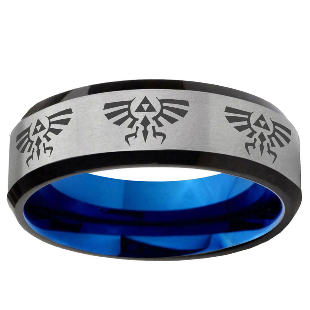 6MM Multiple Zelda Skyward Beveled Blue Gray Tungsten Ring For Men