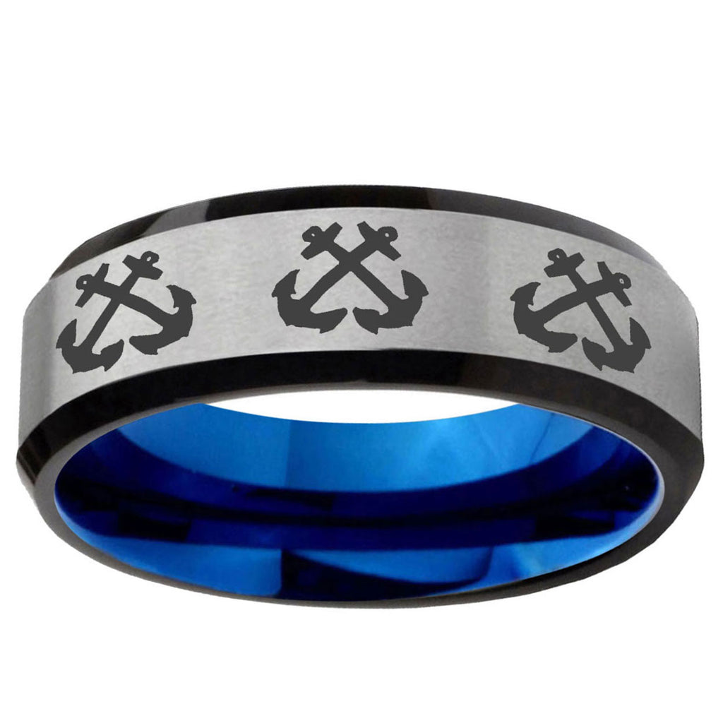 6MM Multiple Anchor Bevel Beveled Blue Gray Tungsten Ring Men