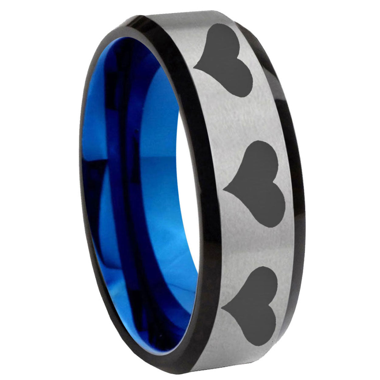 8MM Multiple Heart Beveled Blue Gray Tungsten Mens Ring