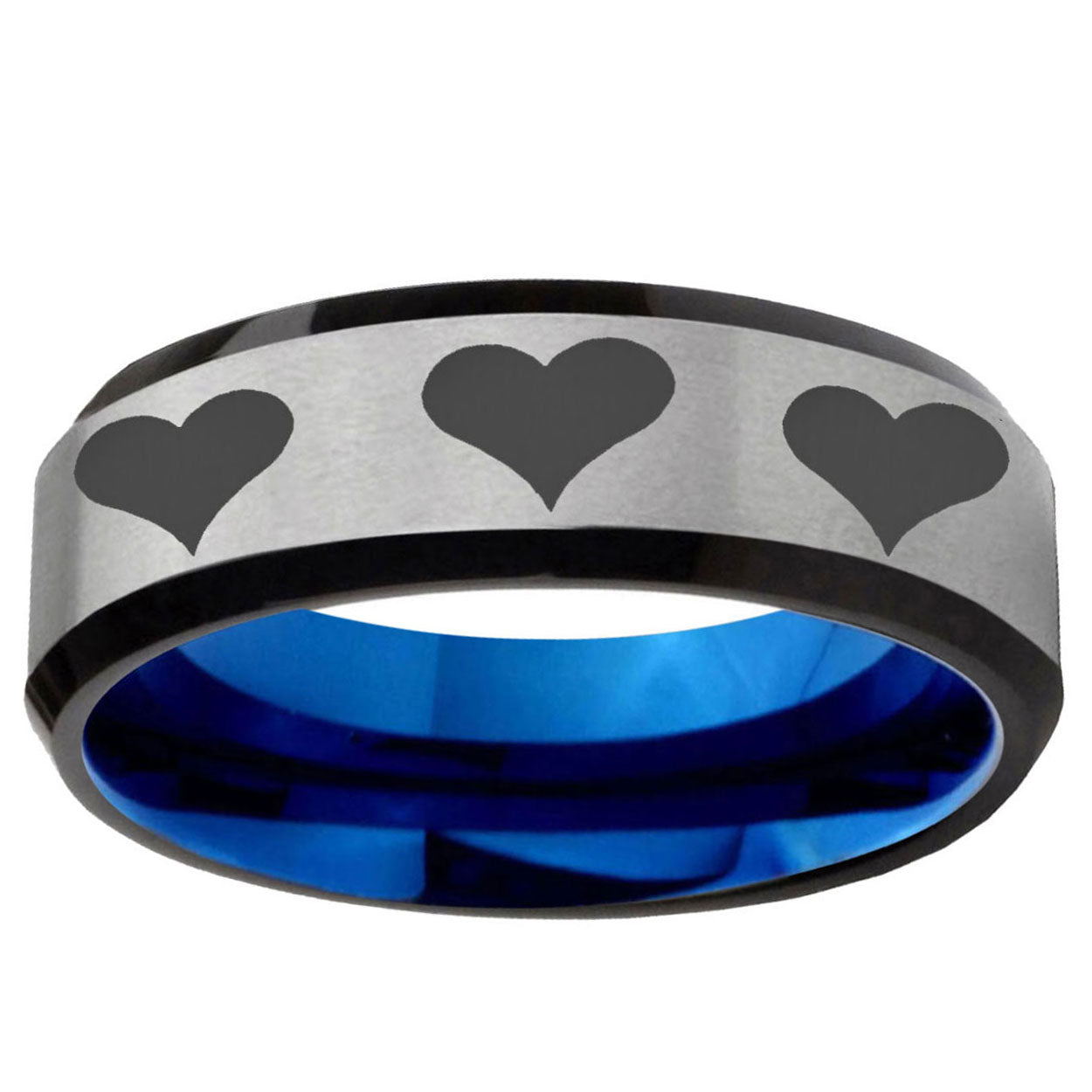 6MM Multiple Heart Beveled Blue Gray Tungsten Mens Ring