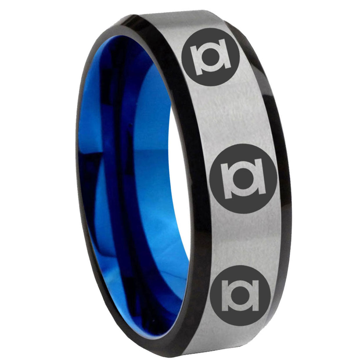 8MM Multiple Green Lantern Beveled Blue Gray Tungsten Ring For Man