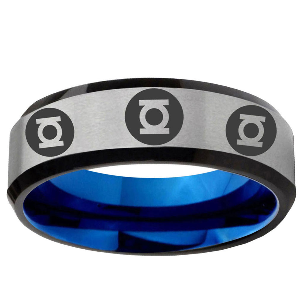 6MM Multiple Green Lantern Beveled Blue Gray Tungsten Ring For Man