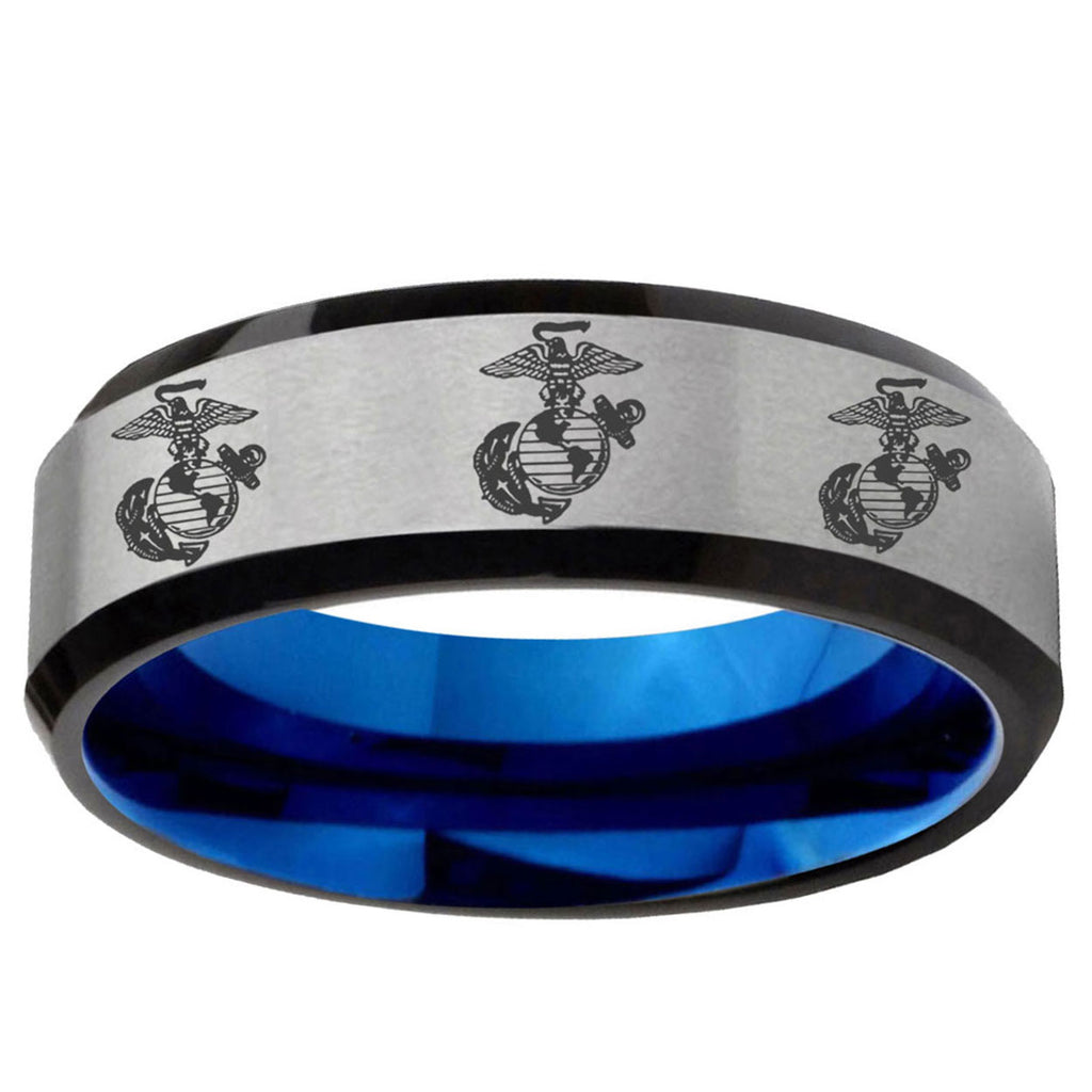 6MM Multiple Marine Bevel Beveled Blue Gray Tungsten Band
