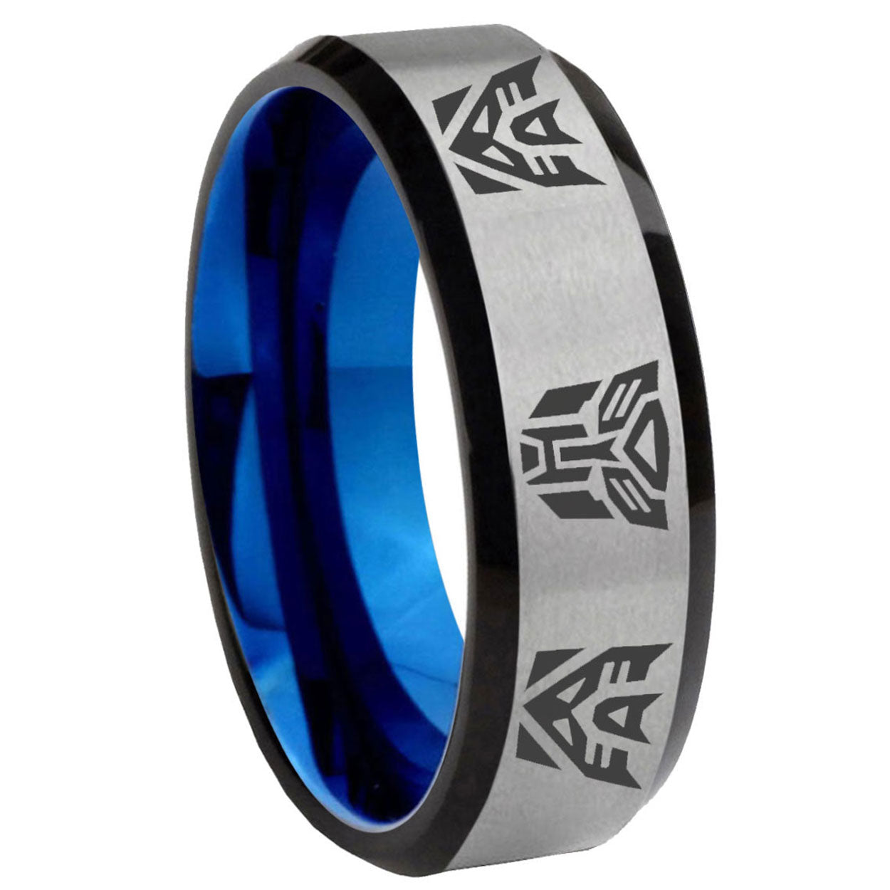 8MM Transformers Autobot Decepticon Beveled Blue Gray Tungsten Ring