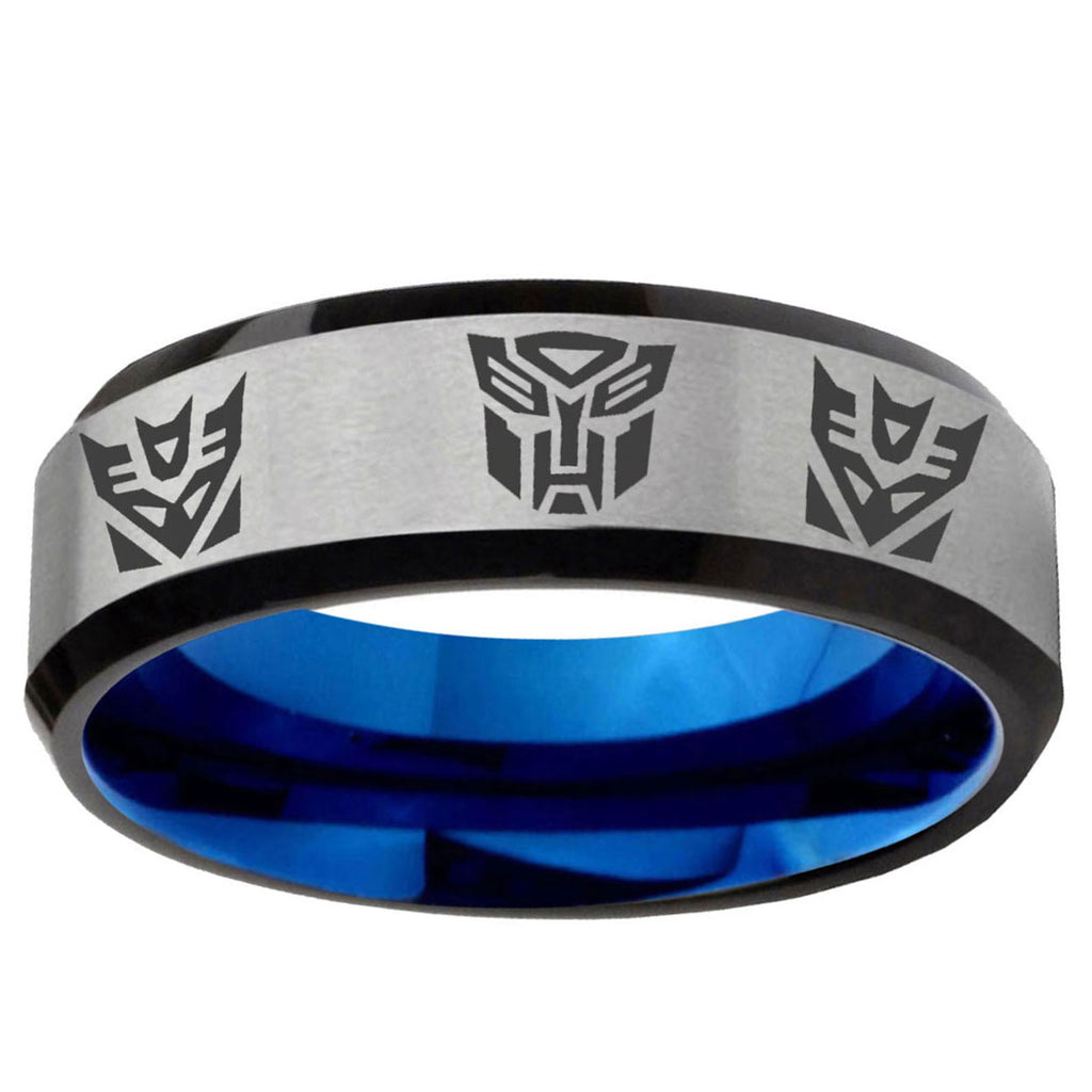 6MM Transformers Autobot Decepticon Beveled Blue Gray Tungsten Ring